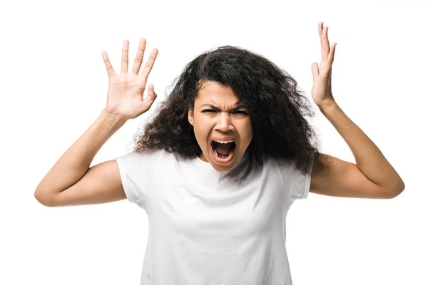 Сердитий афроамериканців жінка жестами в той час як кричали ізольований на білому — стокове фото