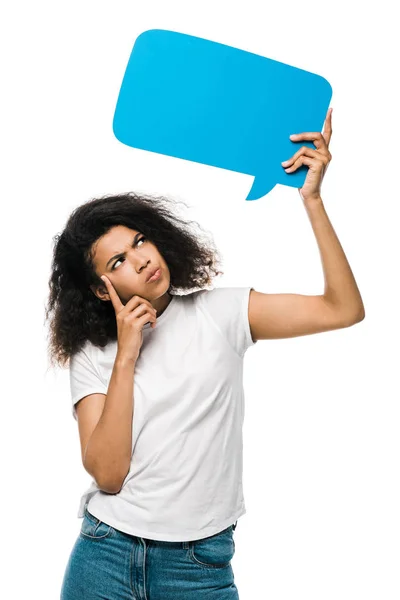 Pensive african american girl looking at pink speech bubble and touching temple isolated on white — Stock Photo