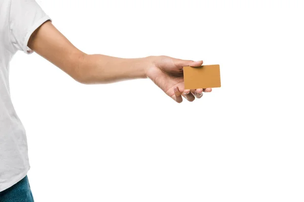 Cropped view of african american girl holding credit card isolated on white — Stock Photo