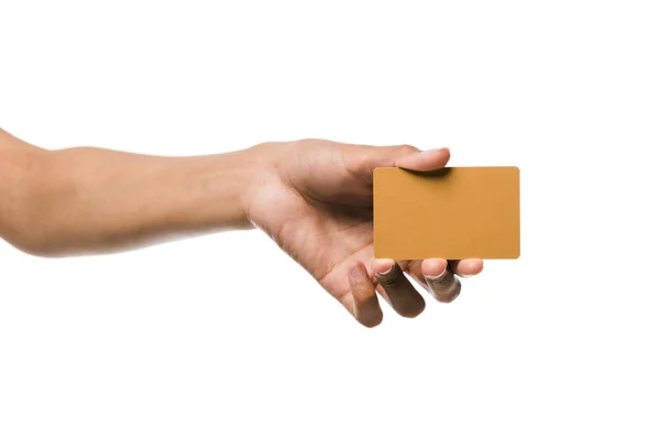 Cropped view of african american woman holding credit card isolated on white — Stock Photo