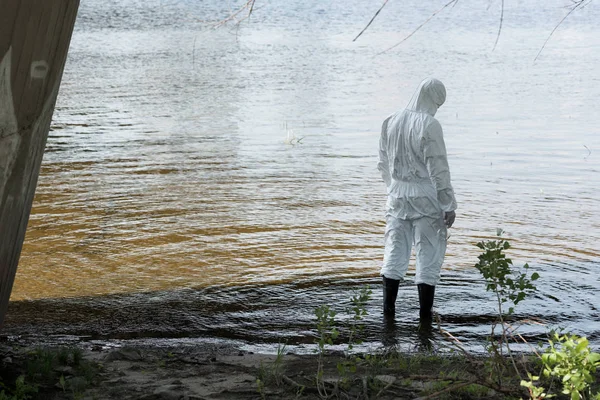 Vista trasera del inspector de agua en traje protector sosteniendo frasco mientras está de pie en el río - foto de stock