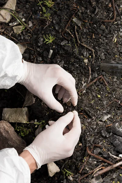 Vista parcial del ecologista en guantes de látex tocando tierra - foto de stock