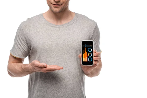 Vue recadrée de l'homme présentant smartphone avec infographie, isolé sur blanc — Photo de stock