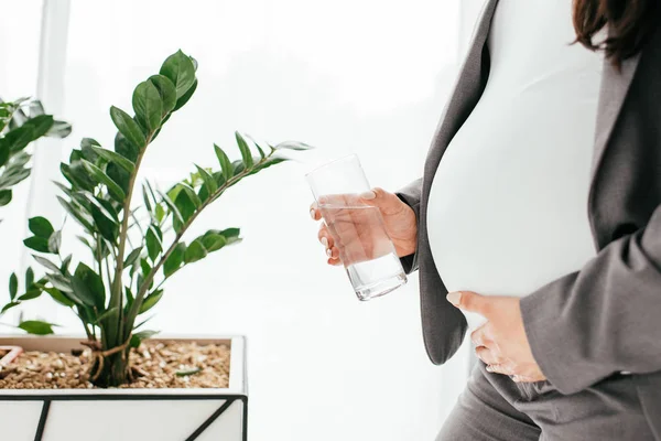 Vue recadrée de la femme enceinte tenant le verre avec de l'eau tout en restant debout pot de fleurs soigné avec la plante — Photo de stock