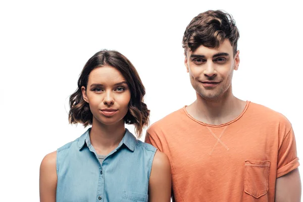 Junger, positiver Mann und Frau lächeln vereinzelt auf Weiß in die Kamera — Stockfoto