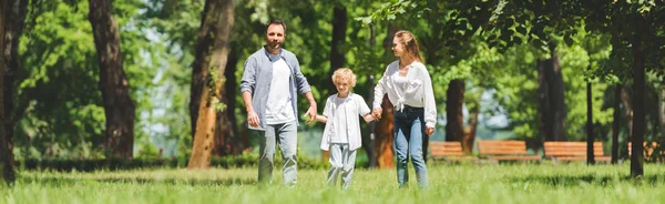 Back view of family holding hands and running in park during daytime — Stock Photo