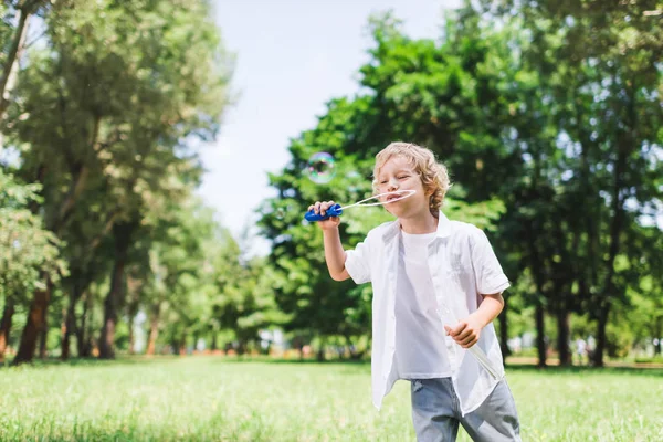 Adorable garçon soufflant bulles de savon dans le parc — Photo de stock