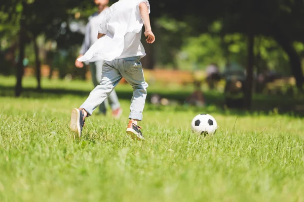 Vista trasera del niño jugando al fútbol en el parque durante el día - foto de stock