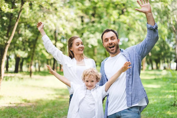 Familia emocionada con las manos extendidas mirando a la cámara en el parque - foto de stock