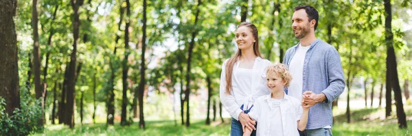 Panoramic shot of happy family holding hands in park with copy space — Stock Photo