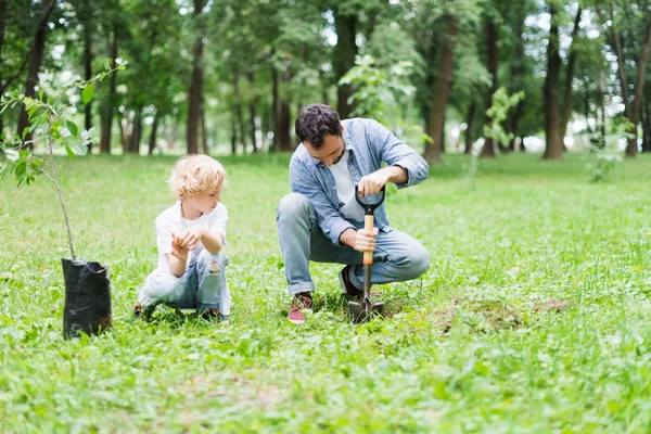 Pai cavando com pá perto filho para plantio de mudas no parque — Fotografia de Stock