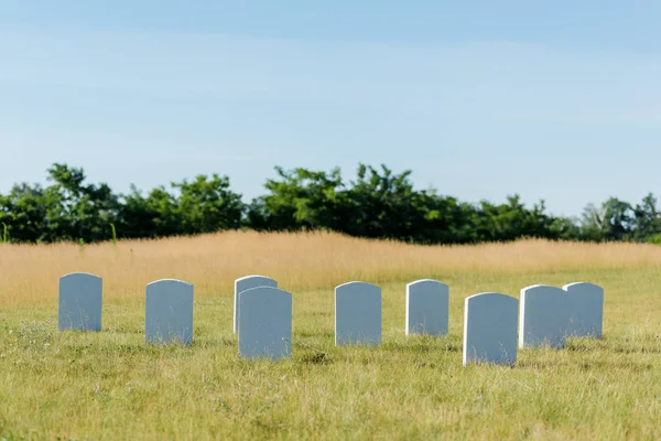 Надгробия на зеленой траве и голубое небо на кладбище — стоковое фото
