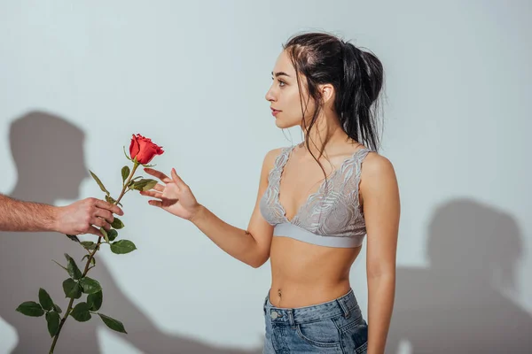 Обрізаний вид людини, що представляє червону троянду красивій дівчині, яка бере квітку — стокове фото