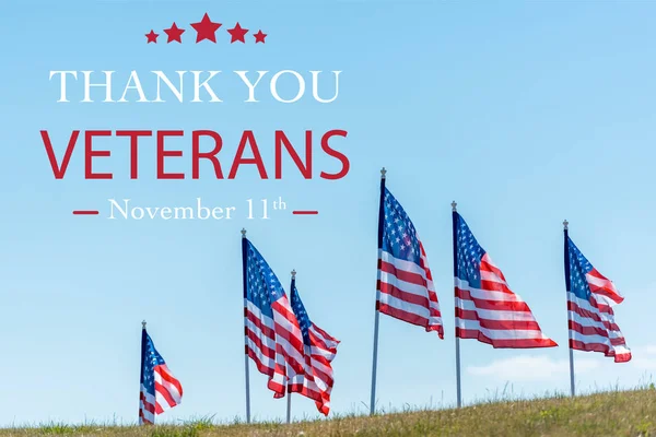 National american flags on green grass against blue sky with thank you veterans illustration — Stock Photo