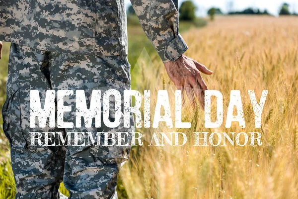 Selective focus of soldier touching wheat in golden field with memorial day, remember and honor illustration — Stock Photo