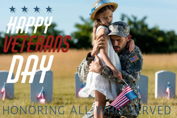 Military father in uniform hugging child near headstones in graveyard with happy veterans day, honoring all who served illustration — Stock Photo