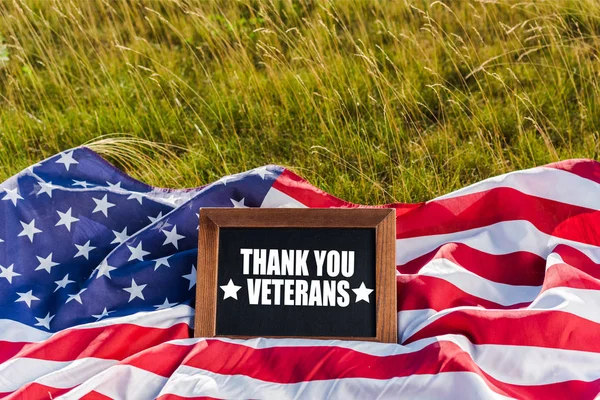 Leere Tafel mit Dankeschön-Veteranen-Abbildung auf amerikanischer Flagge mit Sternen und Streifen auf grünem Gras — Stockfoto