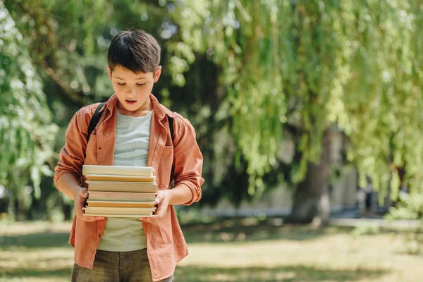 Carino, sorpreso scolaro in possesso di libri mentre in piedi nel parco soleggiato — Foto stock