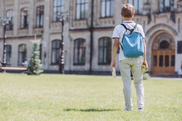 Rückansicht eines Schülers mit Rucksack, der beim Spazierengehen auf dem Rasen Apfel und Buch hält — Stockfoto