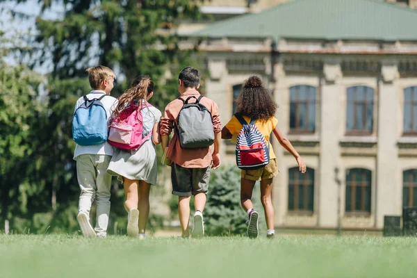 Visão traseira de quatro alunos multiculturais com mochilas andando no gramado no parque — Fotografia de Stock