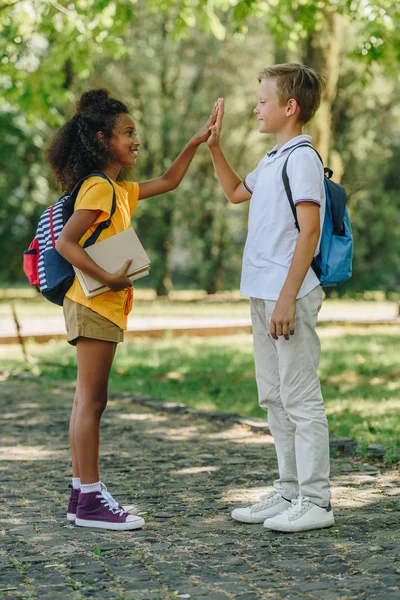 Двое улыбающихся мультикультурных школьников, стоящих в парке, дают улью пять — стоковое фото