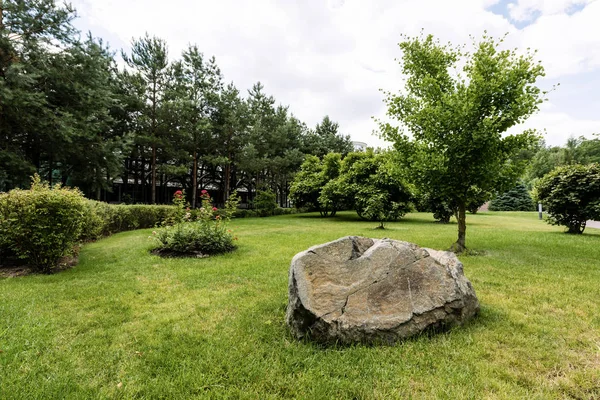 Énorme pierre sur herbe verte et fraîche près des arbres dans le parc — Photo de stock