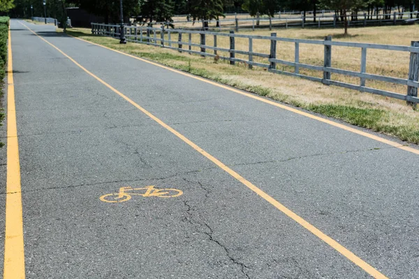 Yellow symbol of bicycle lane on grey asphalt near fence — Stock Photo