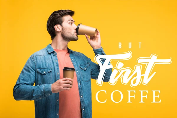 Handsome man drinking coffee to go isolated on yellow with but first coffee illustration — Stock Photo