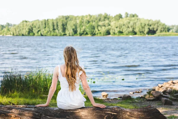 Rückansicht eines Mädchens, das auf einem Baumstamm am Flussufer sitzt und wegschaut — Stockfoto