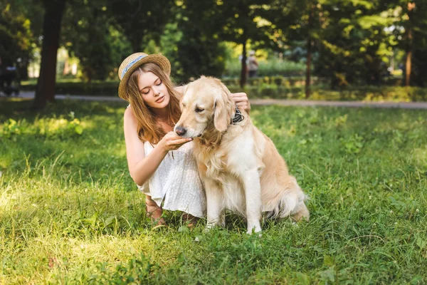 Full length view of beautiful girl in white dress and straw hat petting golden retriever while sitting on meadow and looking at dog — Stock Photo
