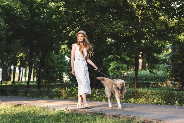 Vue pleine longueur de belle fille en robe blanche et chapeau de paille marche avec golden retriever — Photo de stock