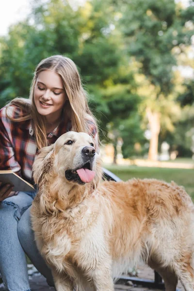 Beautiful young girl in casual clothes reading book and petting golden retriever while sitting on wooden bench in park — Stock Photo