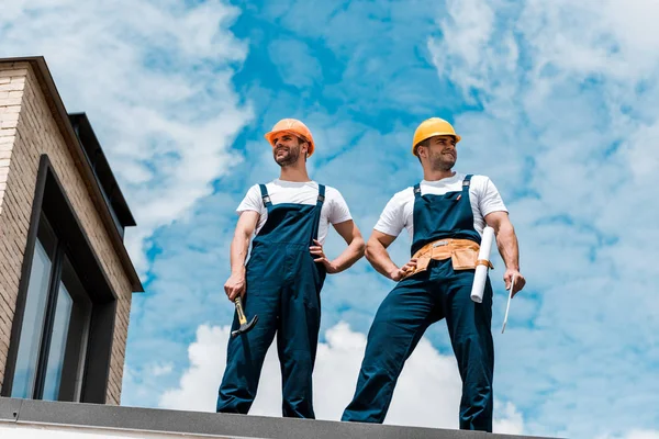 Visão de ângulo baixo de handymen bonito de pé com as mãos sobre os quadris — Fotografia de Stock