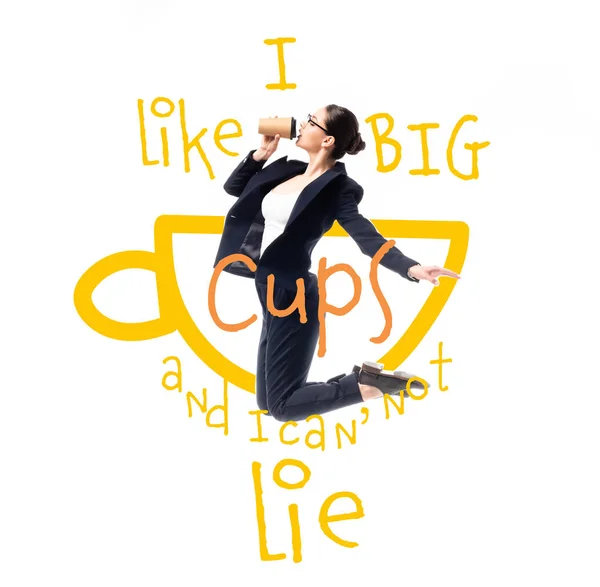 Young, pretty businesswoman drinking coffee to go while jumping near i like big cups and i can not lie lettering isolated on white — Stock Photo