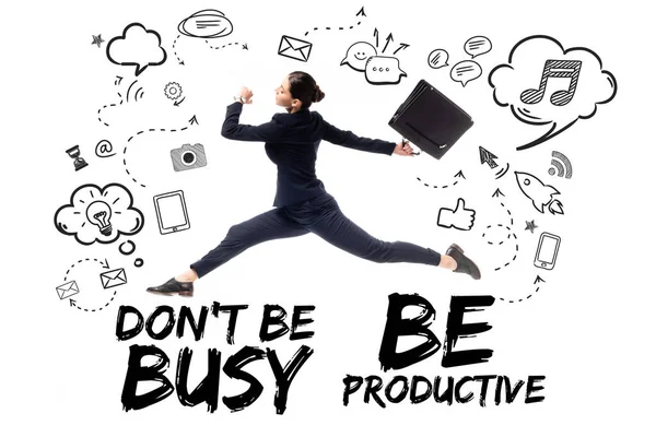 Young businesswoman with briefcase levitating on background with dont be busy be productive lettering, and multimedia icons and symbols isolated on white — Stock Photo
