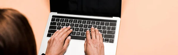 Panoramic shot of woman typing on laptop on pink — Stock Photo