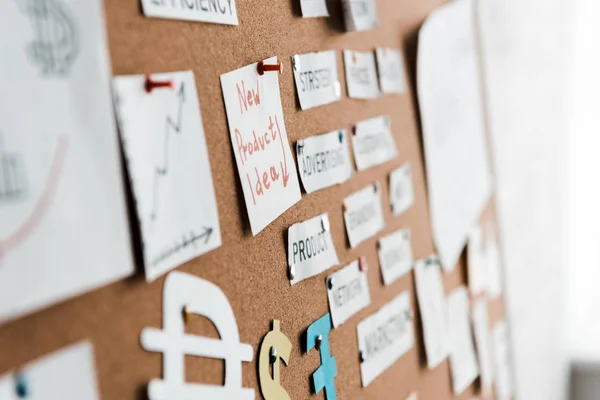 Selective focus of papers with lettering on notice board — Stock Photo