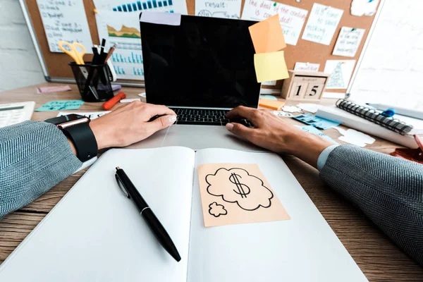 Vista recortada de la mujer usando el ordenador portátil con la pantalla en blanco cerca del cuaderno en la mesa - foto de stock