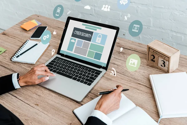 Cropped view of woman holding pen while using laptop with cyber security lettering near smartphone with blank screen — Stock Photo