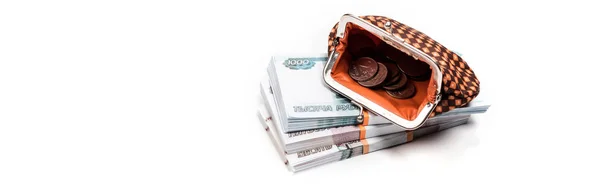 Panoramic shot of vintage plaid wallet with coins on russian money isolated on white — Stock Photo