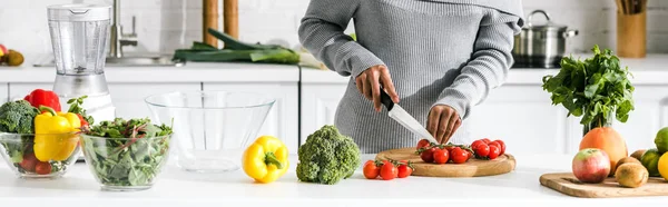 Colpo panoramico di donna che tiene coltello vicino pomodorini — Foto stock