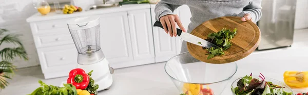 Panoramic shot of woman preparing salad at home — Stock Photo