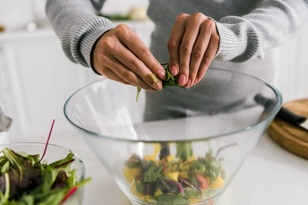 Cropped view of woman holding green leaves near glass bowl — Stock Photo