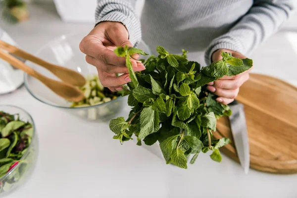 Vista ritagliata di ragazza che tocca foglie di menta piperita fresca — Foto stock