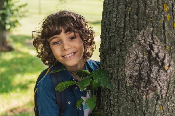 Bonito curly menino olhando para câmera perto árvore tronco — Fotografia de Stock