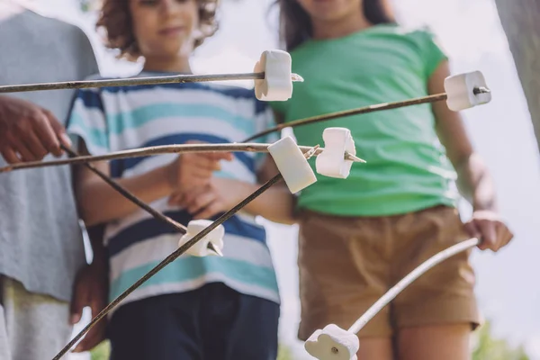 Selective focus of sweet marshmallows in sticks near multicultural kids — Stock Photo