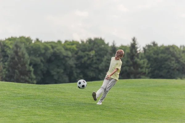 Милий хлопчик грає у футбол на зеленій траві в парку — стокове фото