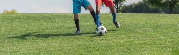 Panoramaaufnahme multikultureller Kinder beim Fußballspielen auf Rasen — Stockfoto