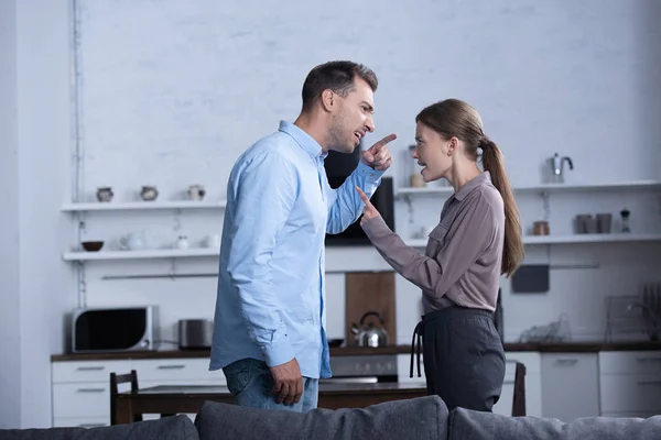 Vista lateral de marido y mujer enojados señalándose con los dedos y gritándose unos a otros - foto de stock