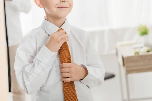 Частичный вид улыбающегося ребенка в белой рубашке с галстуком — стоковое фото